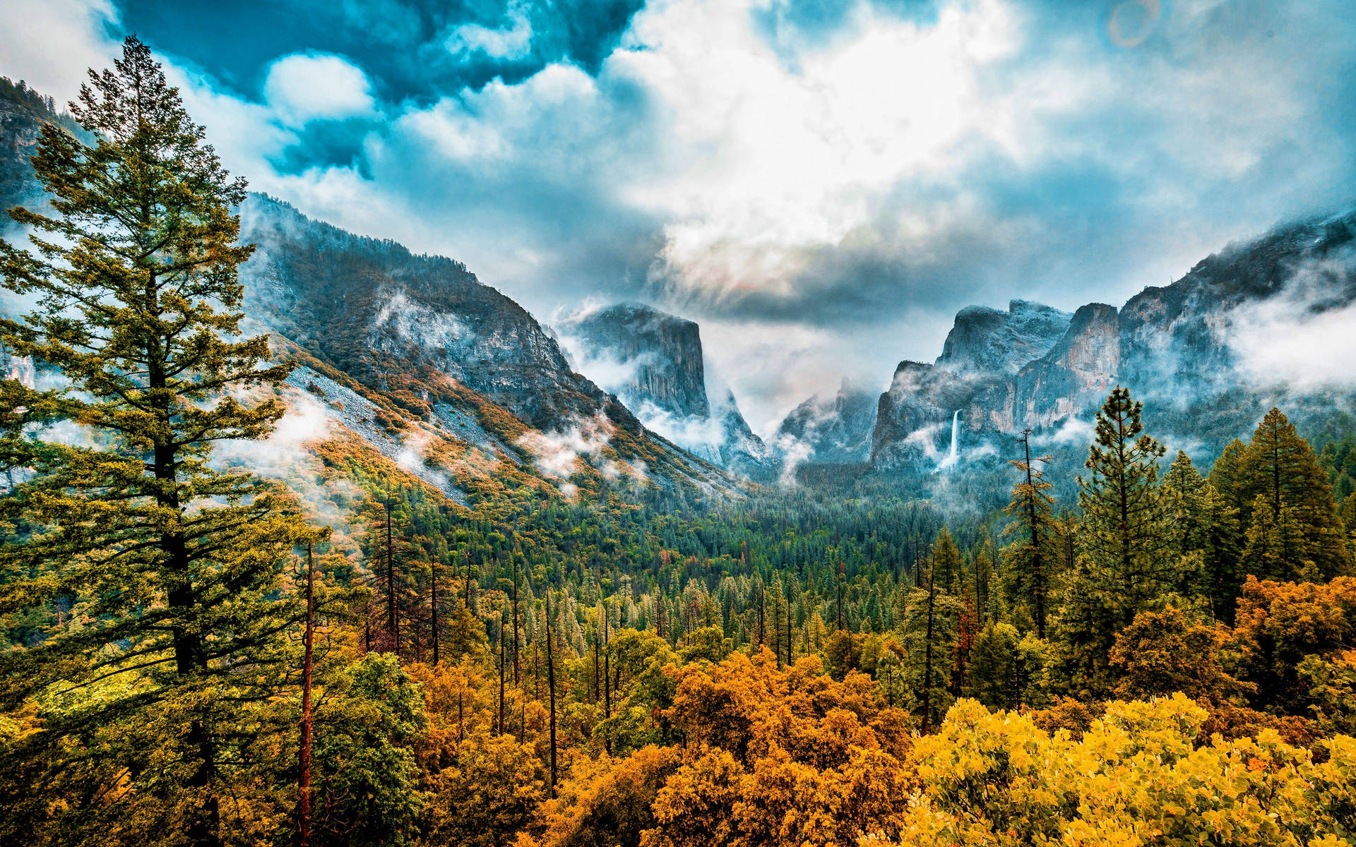 Scenic view of a mountain valley in autumn